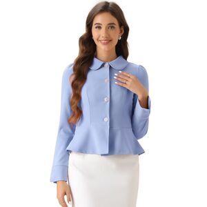 Peplum Blazer Peter Pan Collar Ruffle Hem Office Work Blazers Light Blue